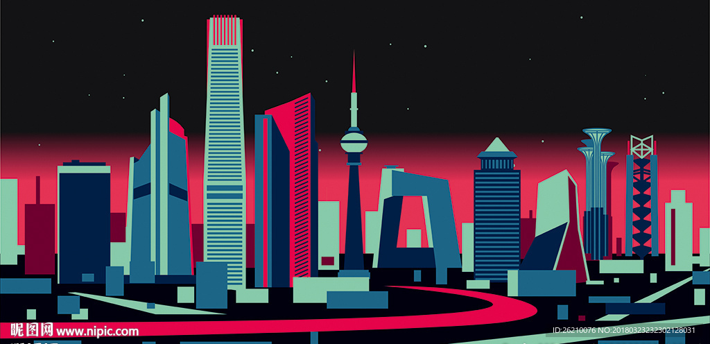 繁华都市夜景矢量插画设计素材