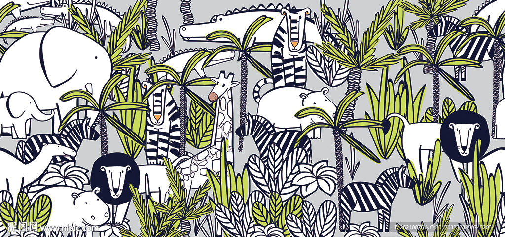 热带丛林动物矢量插画背景墙