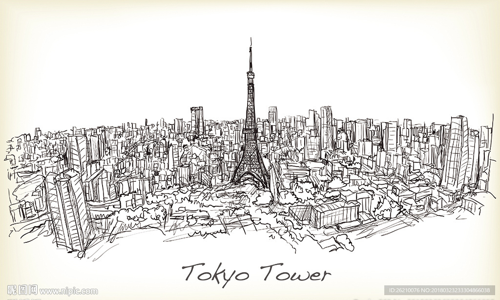日本东京城市建筑手绘素描插画