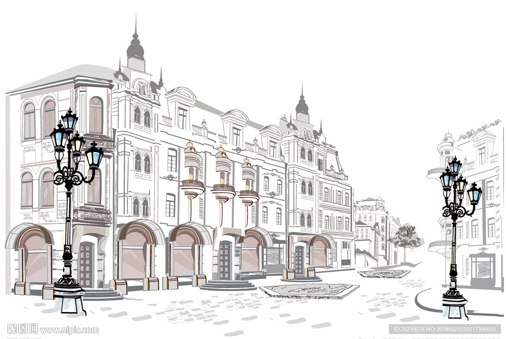 欧洲城市街道素描插画设计素材