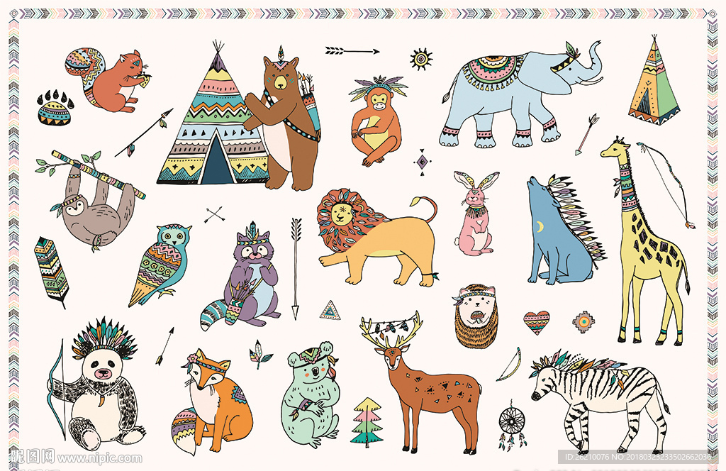 印第安手绘矢量动物墙贴设计素材