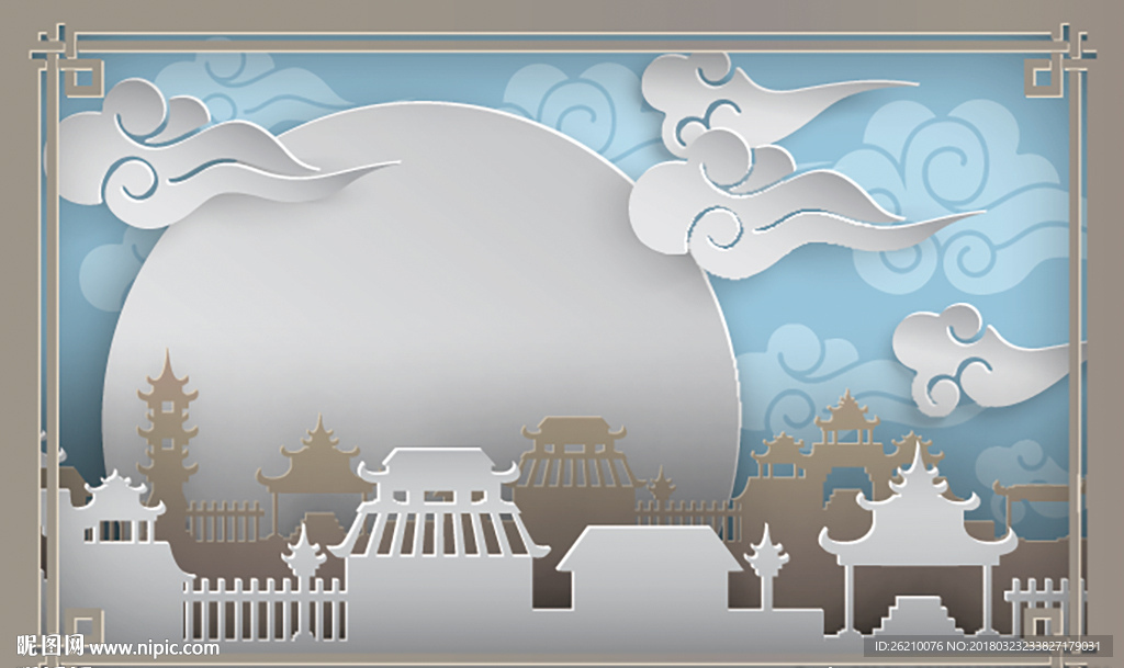 中式月下宫廷云纹矢量背景墙