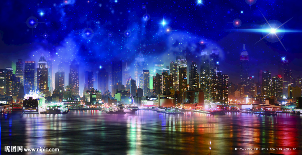 大型现代城市星空夜景背景壁画