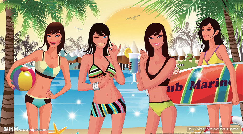 卡通沙滩美女海景