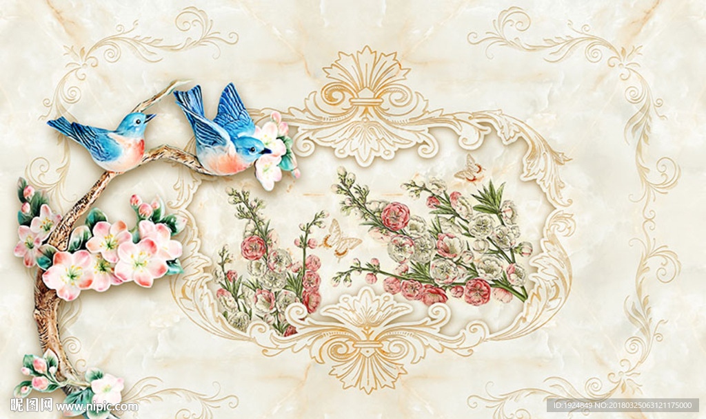 立体欧式小鸟田园风格大型壁画