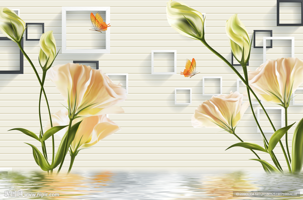 3D立体百合花壁画背景墙