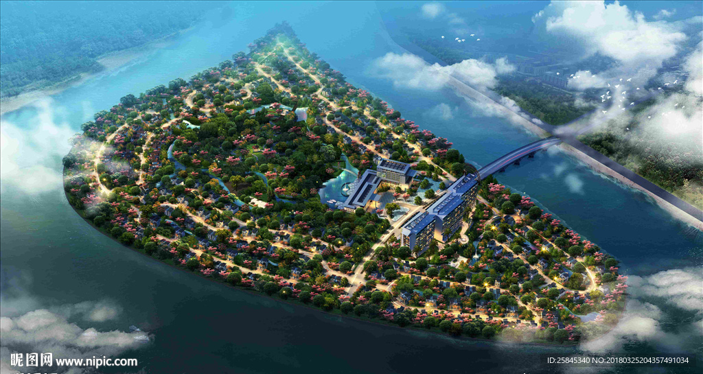 独栋别墅河道景观图