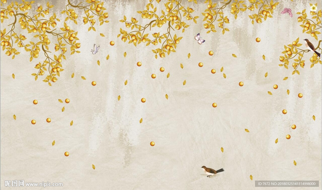 手绘银杏花朵花鸟图