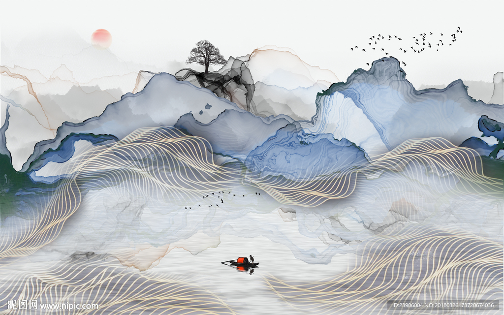 新中式抽象线条水墨山水背景壁画
