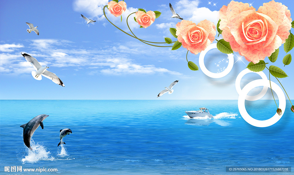 美丽大海清新心形玫瑰电视背景墙