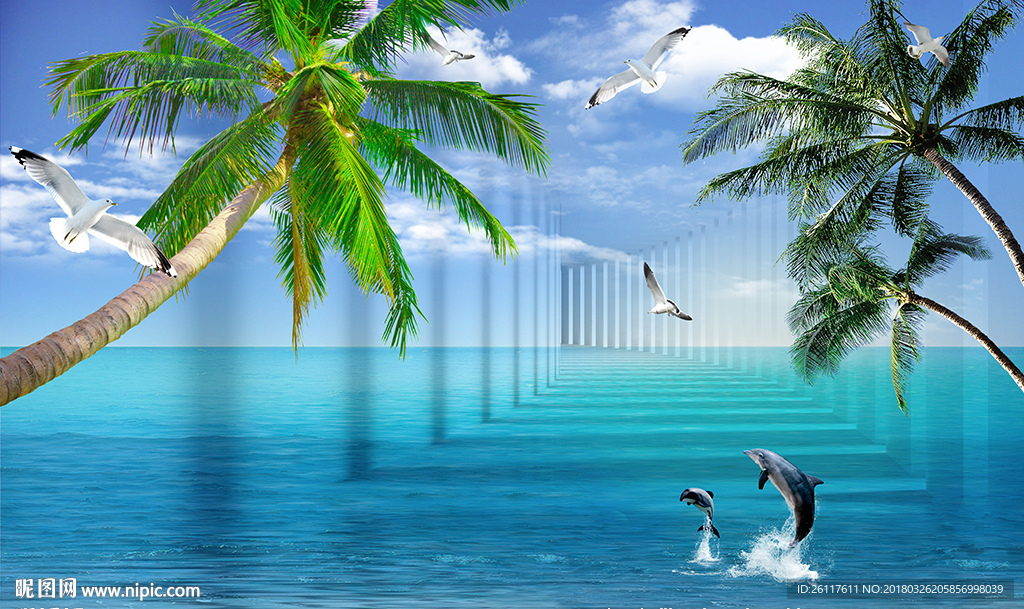 美丽大海椰树3D空间电视背景墙