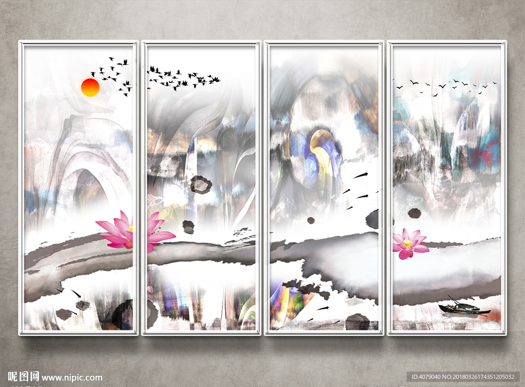 新中式水墨山水荷花背景墙装饰画