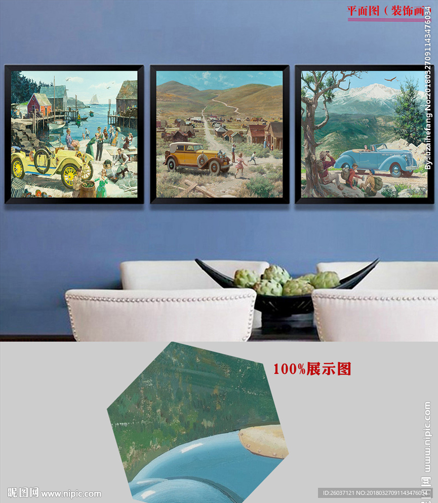 现代复古怀旧蓝色老爷车装饰画