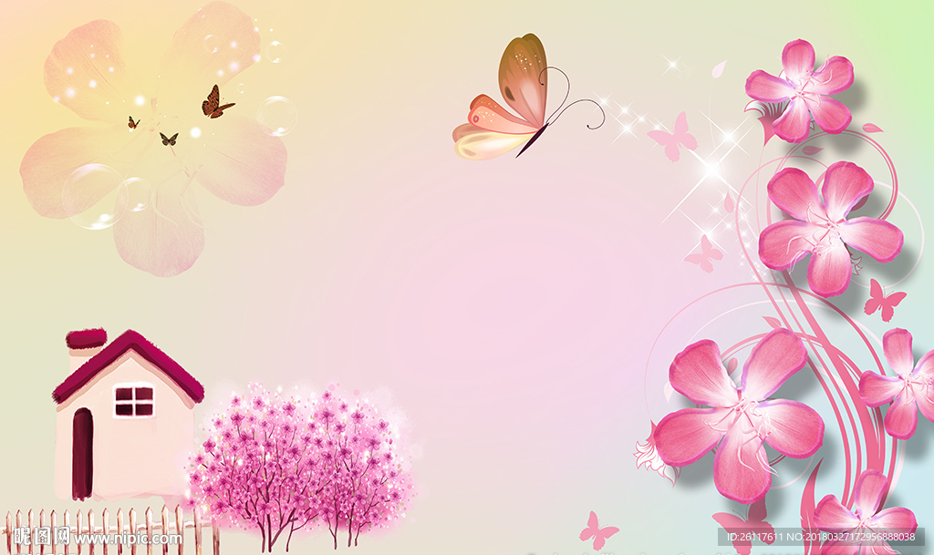 粉红花卉蝴蝶小树小屋电视背景墙