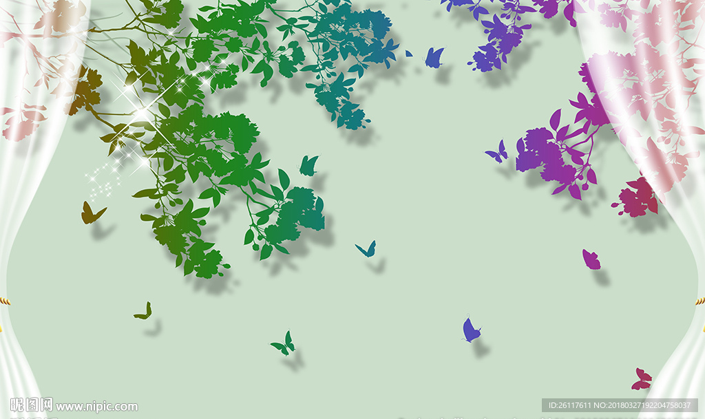 梦幻花卉蝴蝶窗帘电视背景墙