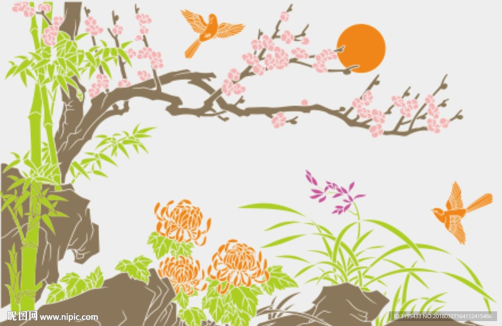 硅藻泥图案  梅兰竹菊  中式