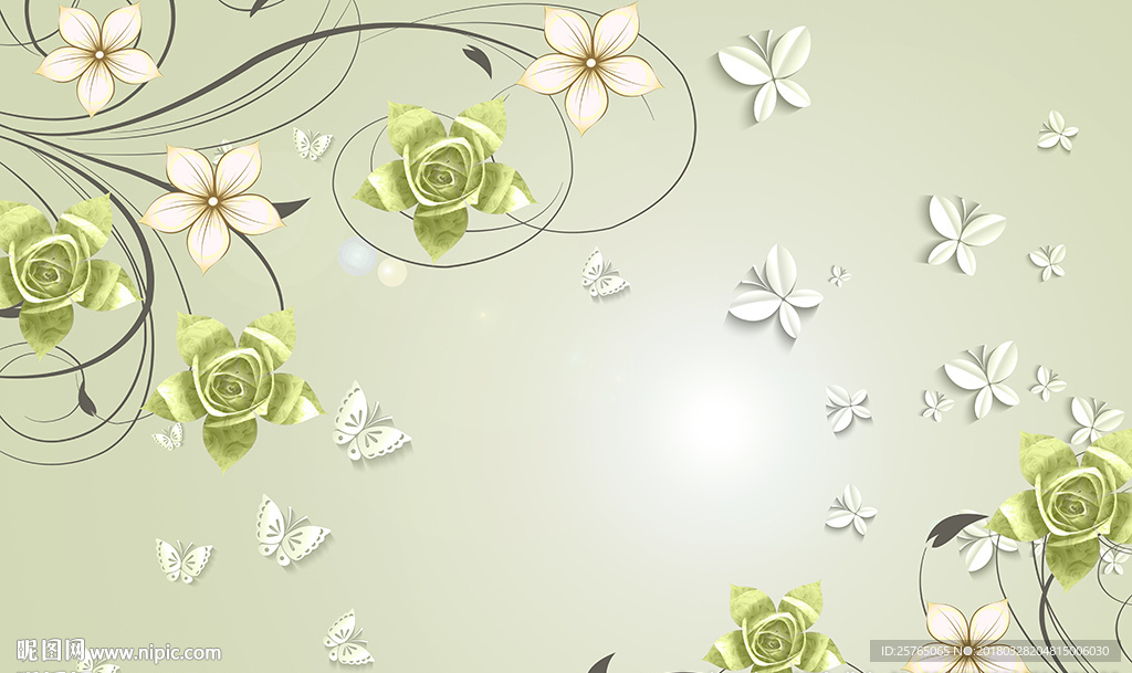 简约玫瑰花卉蝴蝶电视背景墙