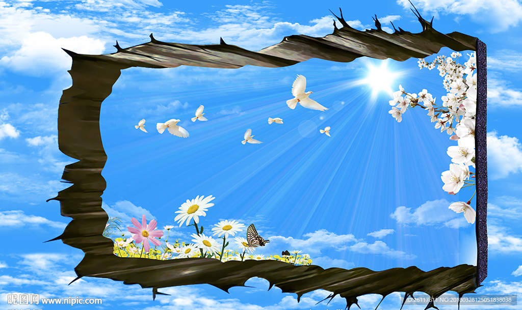3D蓝天白云鸽子花卉电视背景墙