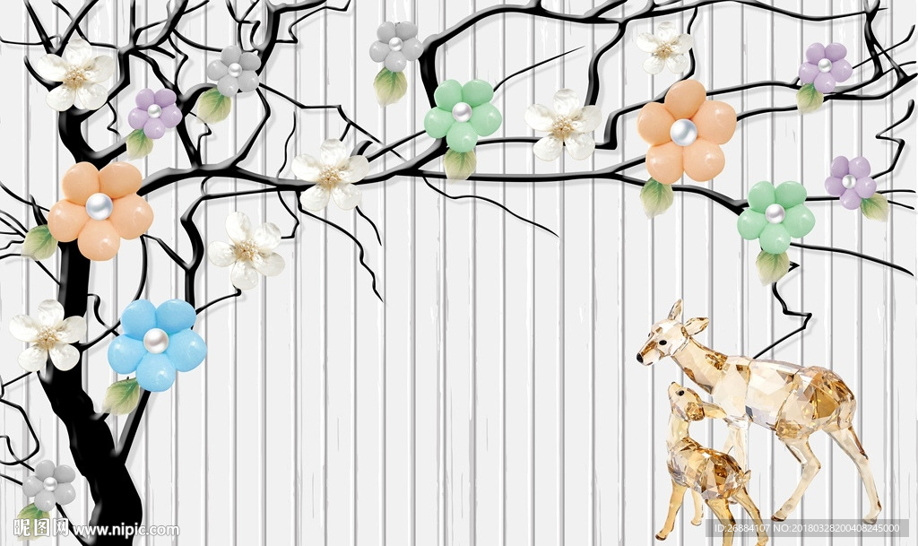树枝珍珠花卉彩色珠宝背景墙