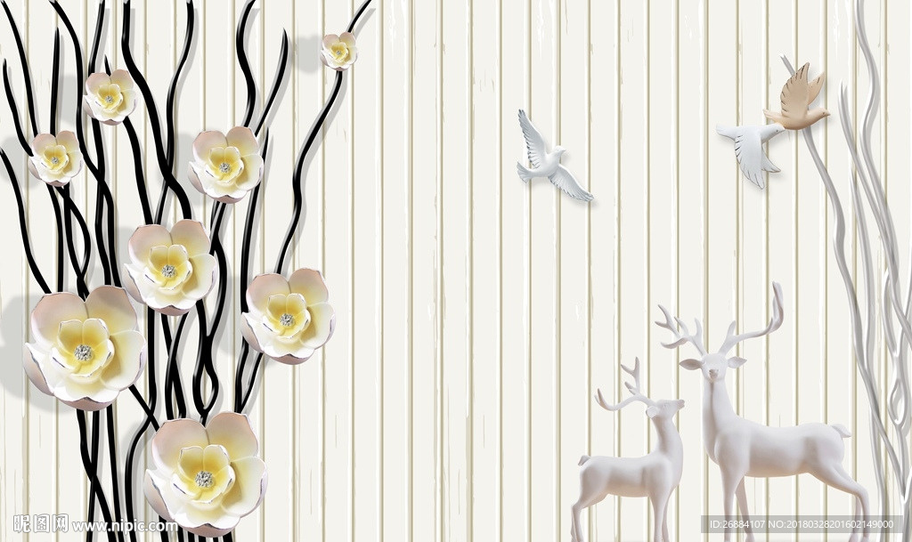 树枝花卉麋鹿竖条3d背景墙
