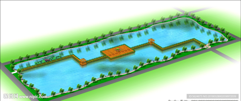 池塘景观绿化效果图