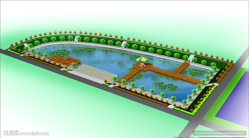 池塘景观绿化效果图