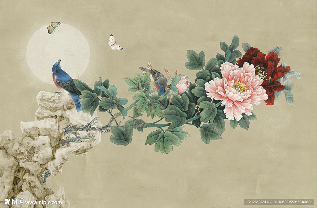 新中式古典月色牡丹花鸟图