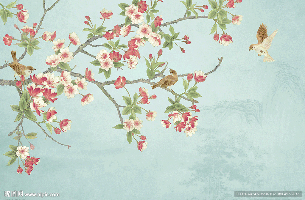 手绘中式海棠花鸟背景图