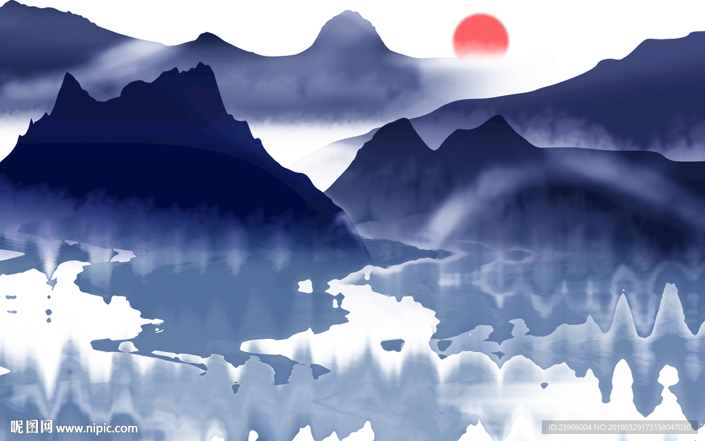 中式蓝色简约抽象水墨山水背景