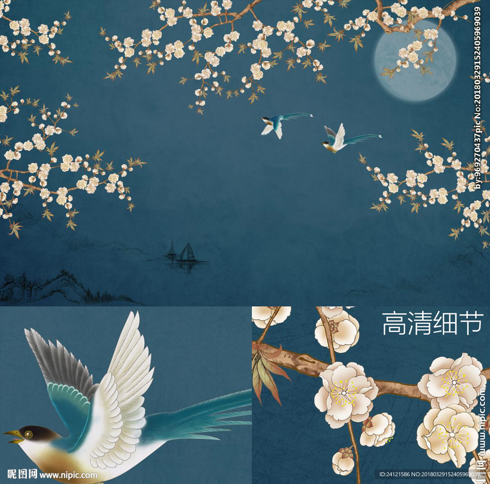 新中式手绘花鸟背景墙