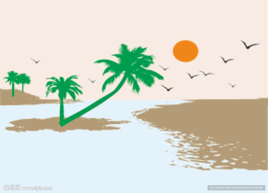 硅藻泥图案   椰树 海边海鸥