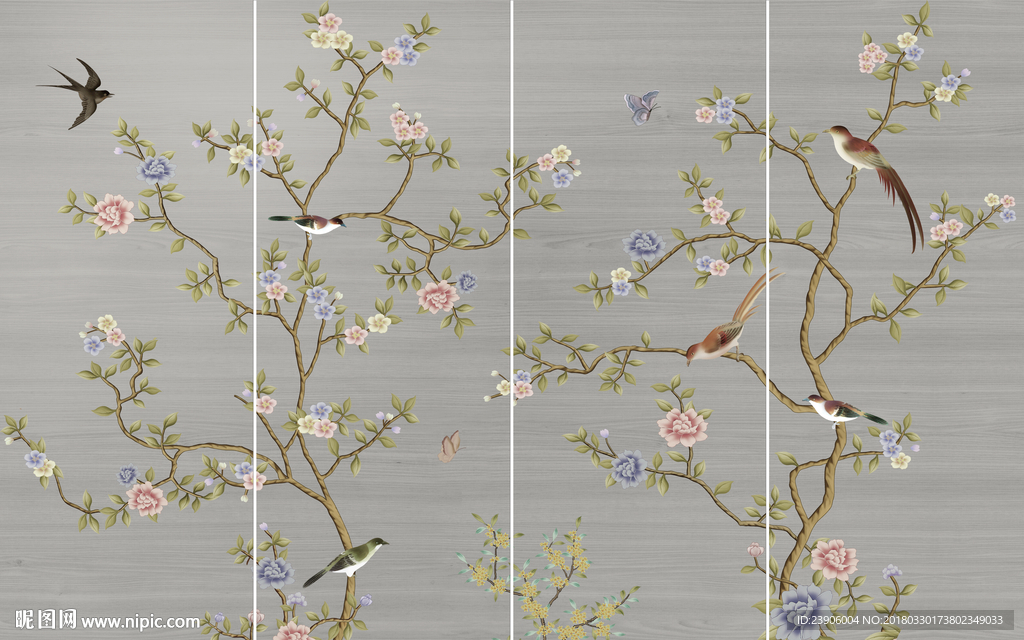 新中式手绘屏风花鸟背景壁画