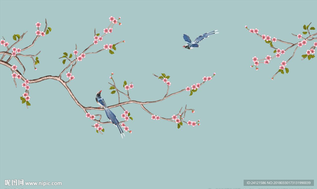 新中式手绘梅花花鸟