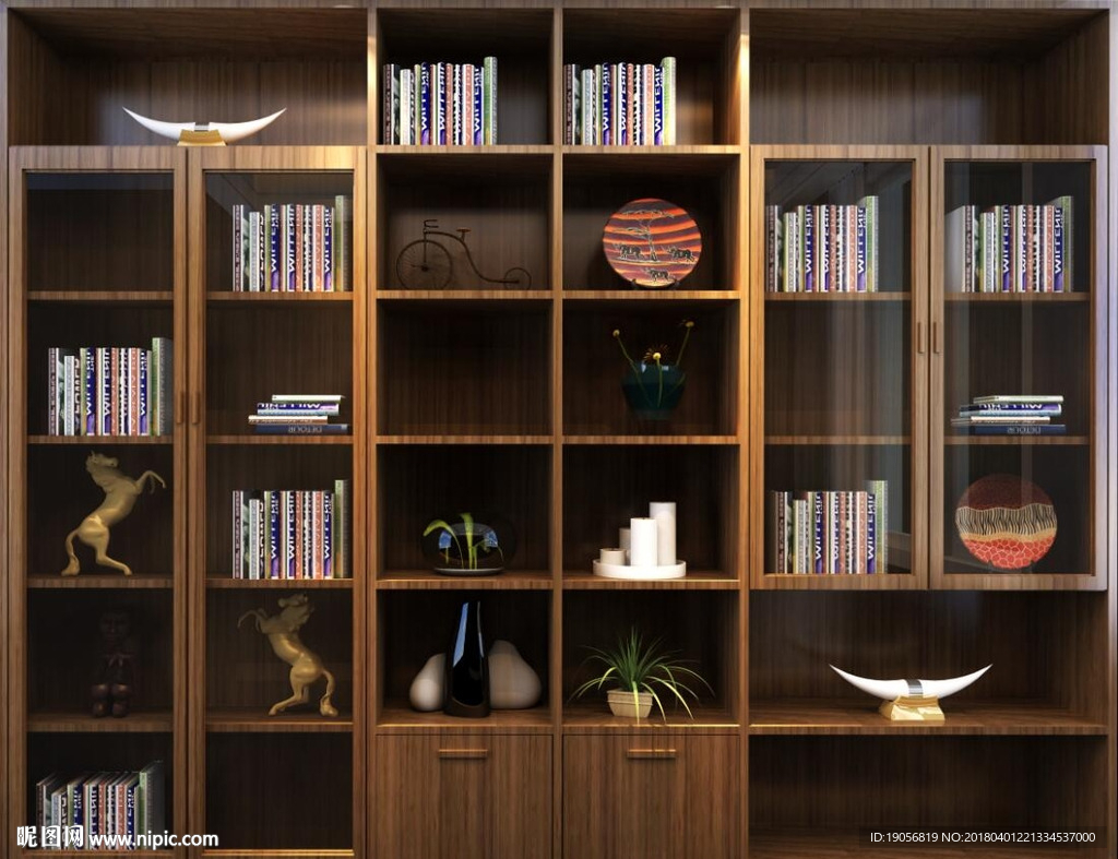 3d渲染立体古典书架书柜背景图片