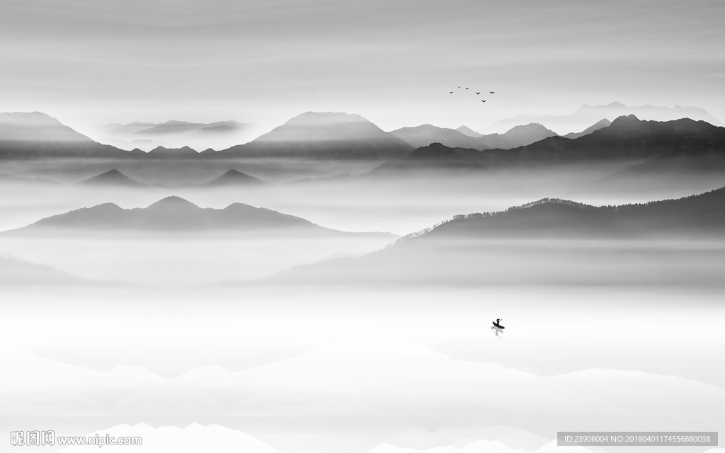 大型中式意境水墨山水背景壁画