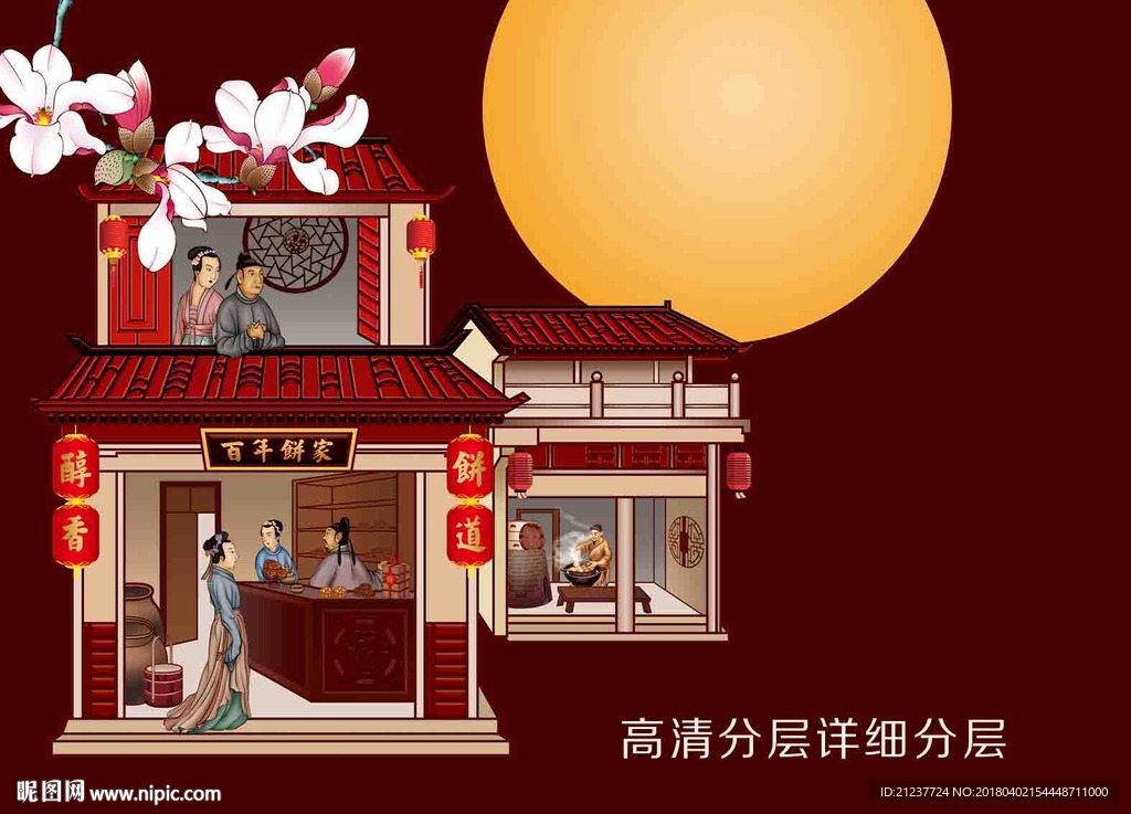 中秋月饼人物场景素材画