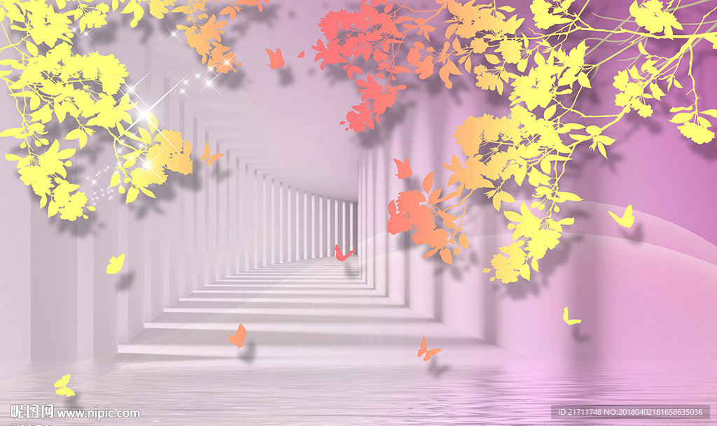 梦幻花卉蝴蝶3D走廊电视背景墙