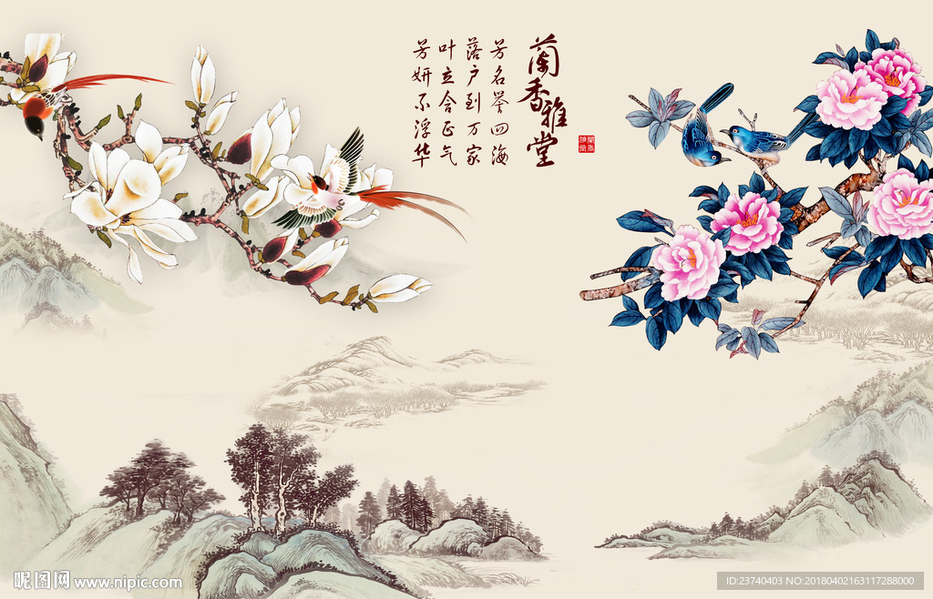 国画花鸟背景墙