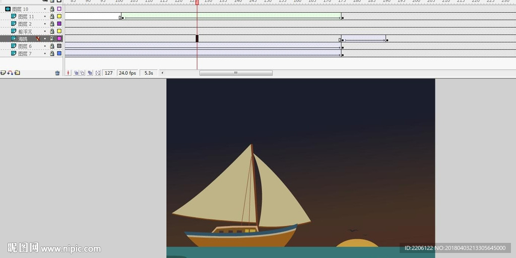 海面的日落动画有帆船15秒