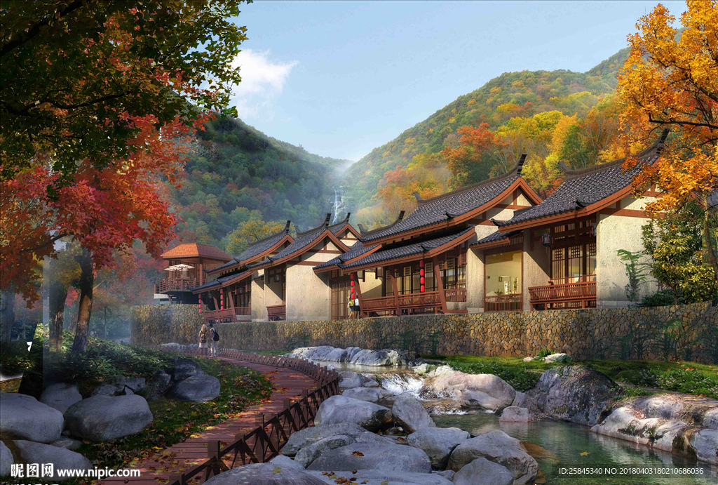 水景河道石头古建建筑图