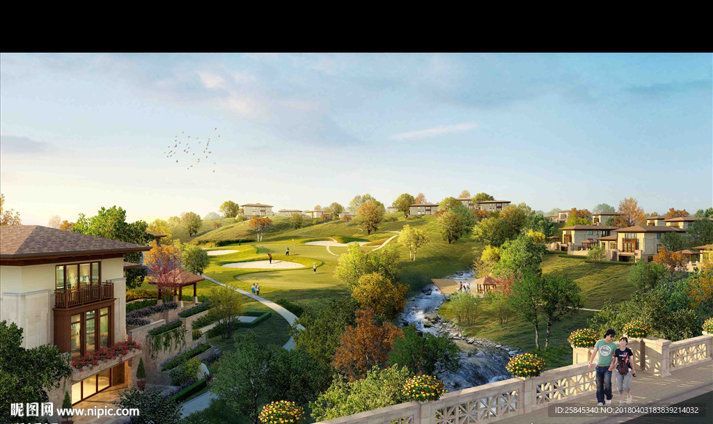 高尔夫球场桥头水景景观图