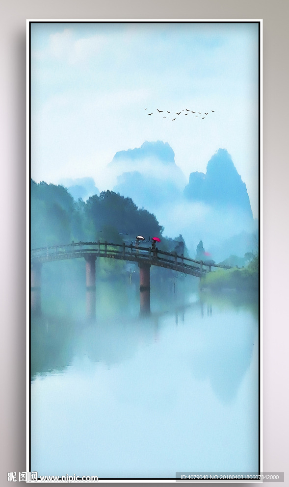 新中式水墨山水远山玄关背景墙