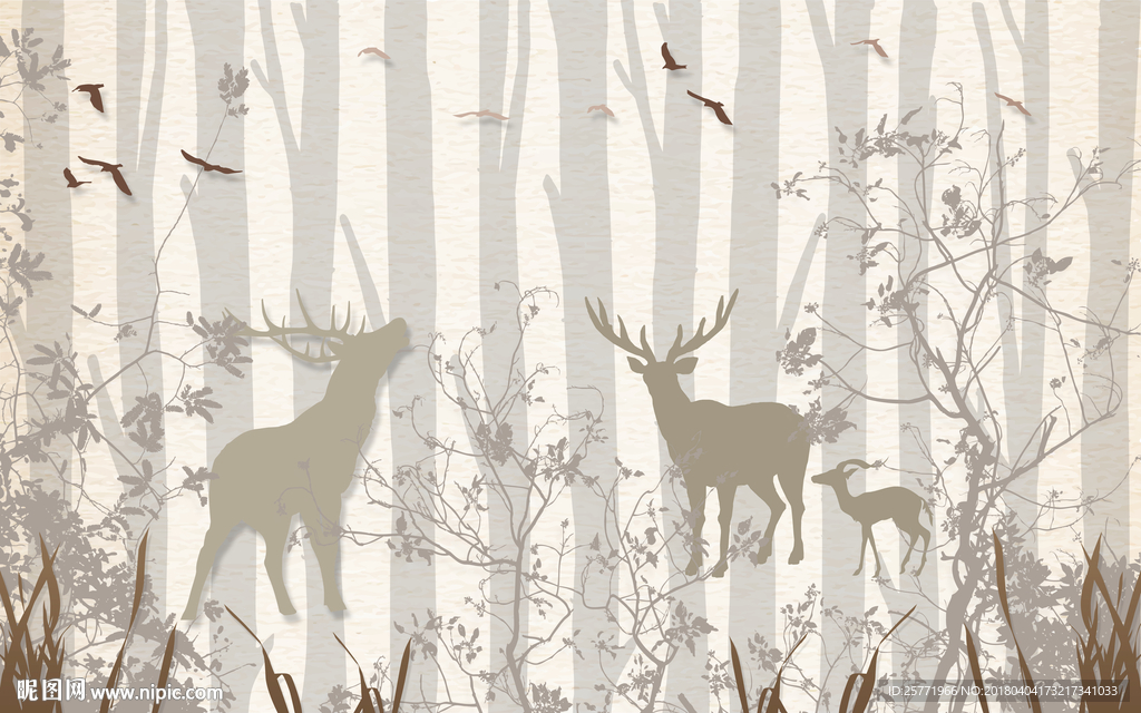 大型北欧手绘麋鹿怀旧森林背景墙