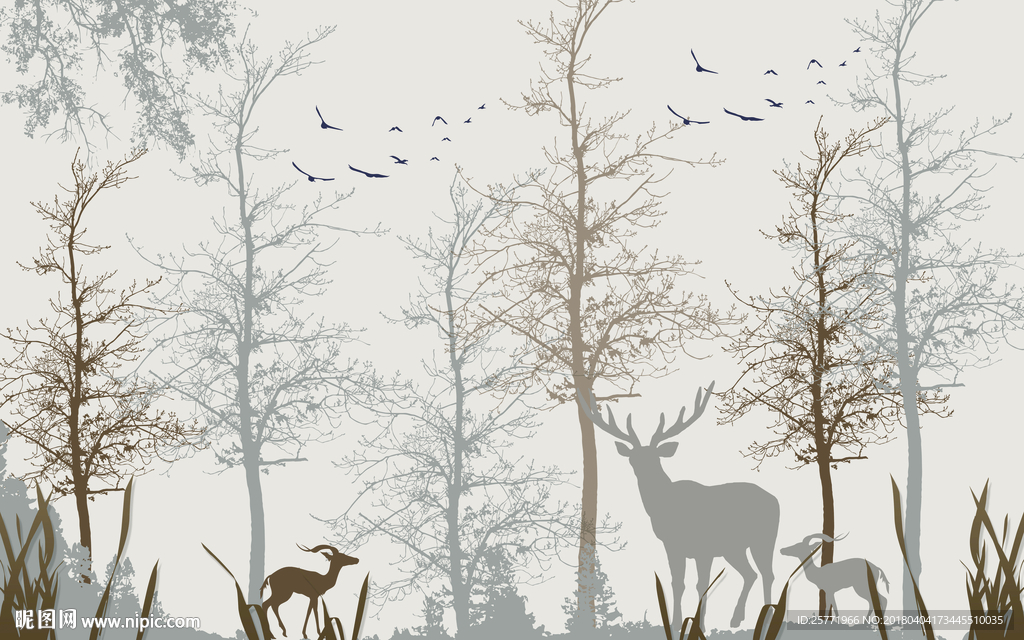 大型抽象麋鹿飞鸟森林背景壁画