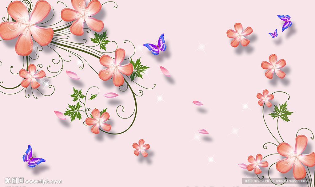 现代花卉蝴蝶电视背景墙