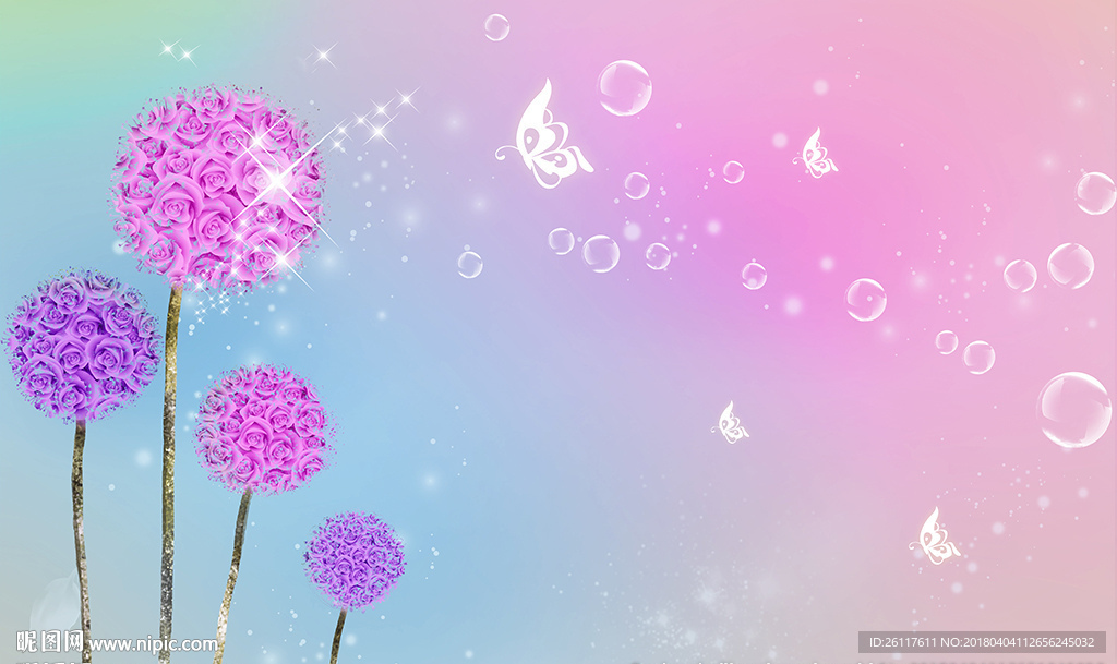 梦幻玫瑰蒲公英蝴蝶电视背景墙