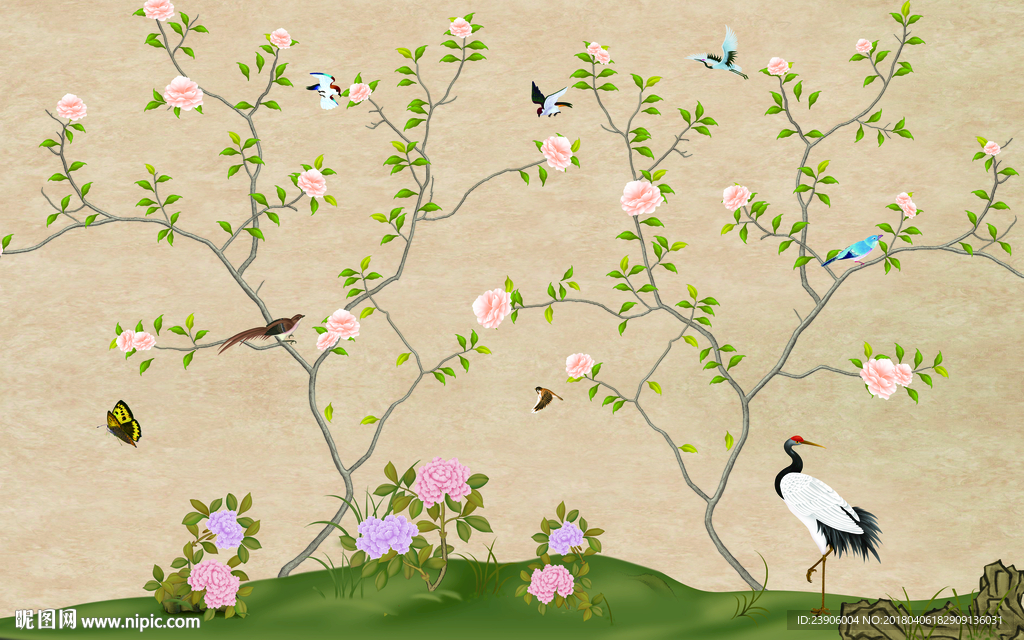大型新中式手绘工笔花鸟壁画