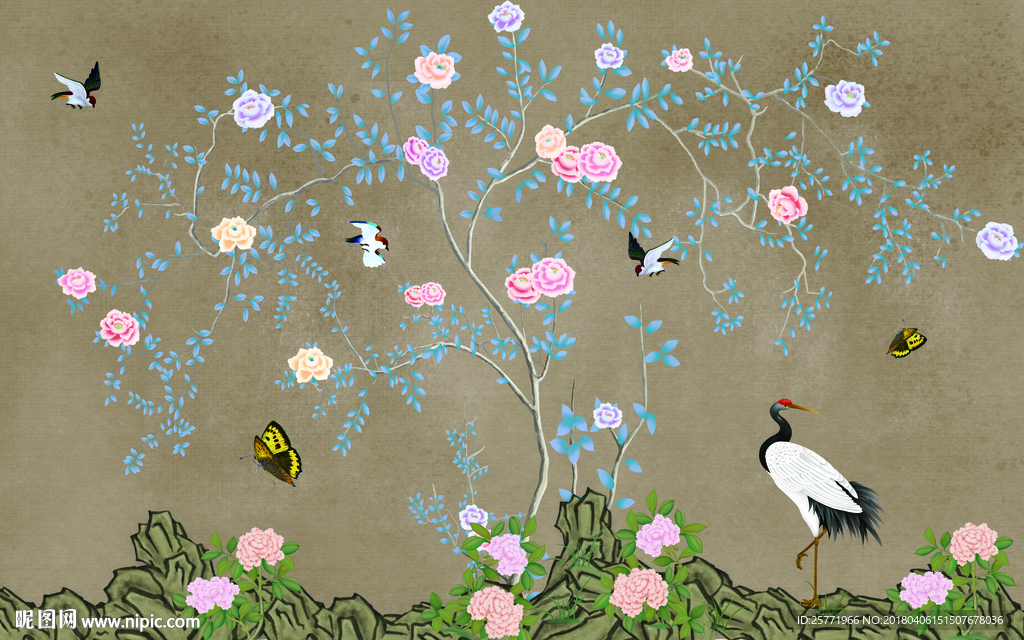 大型分层禅意花鸟背景壁画