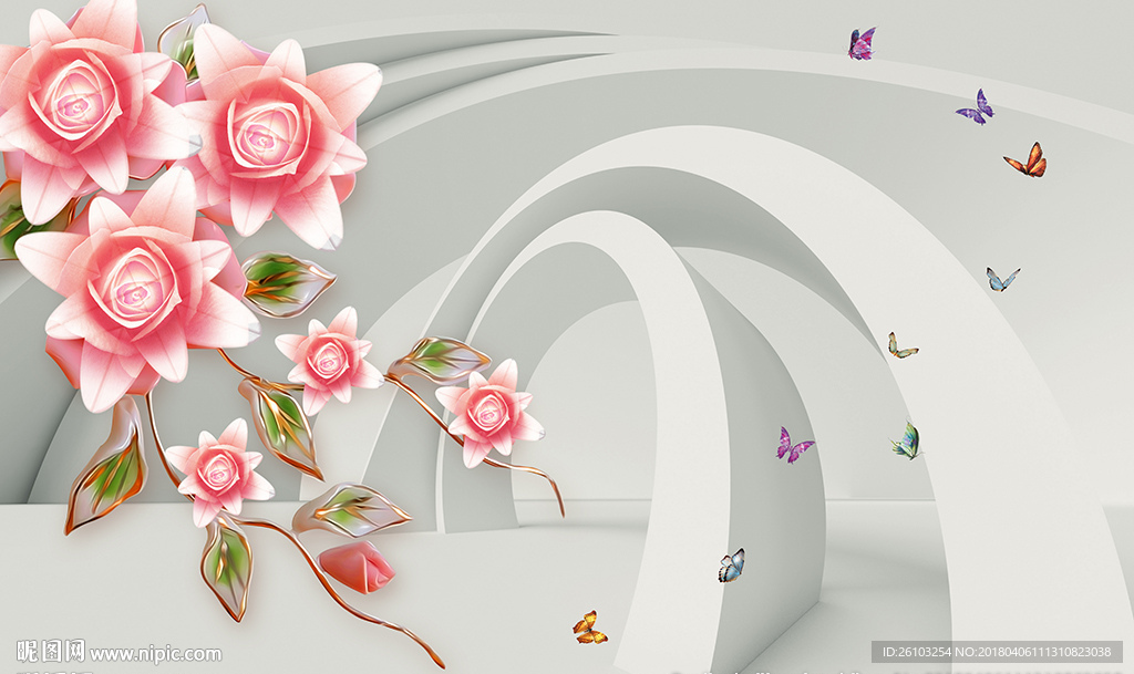 现代花卉蝴蝶3D空间电视背景墙