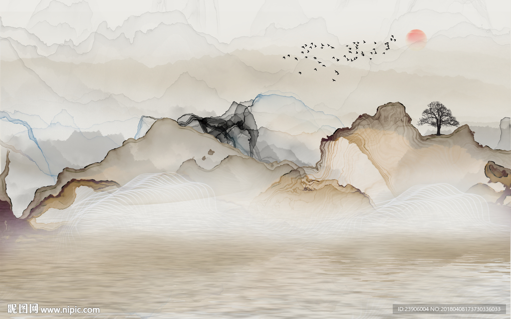 新中式水墨抽象线条山水壁画